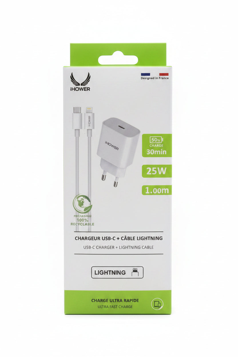 CHARGEUR IHOWER ADAPTATEUR USB-C + CABLE LIGHTNING 25W H826