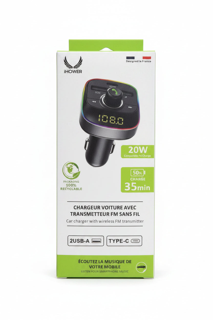 CHARGEUR VOITURE IHOWER AVEC TRANSMETTEUR FM SANS FIL H216