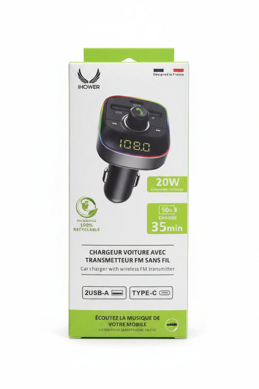 CHARGEUR VOITURE IHOWER AVEC TRANSMETTEUR FM SANS FIL H216