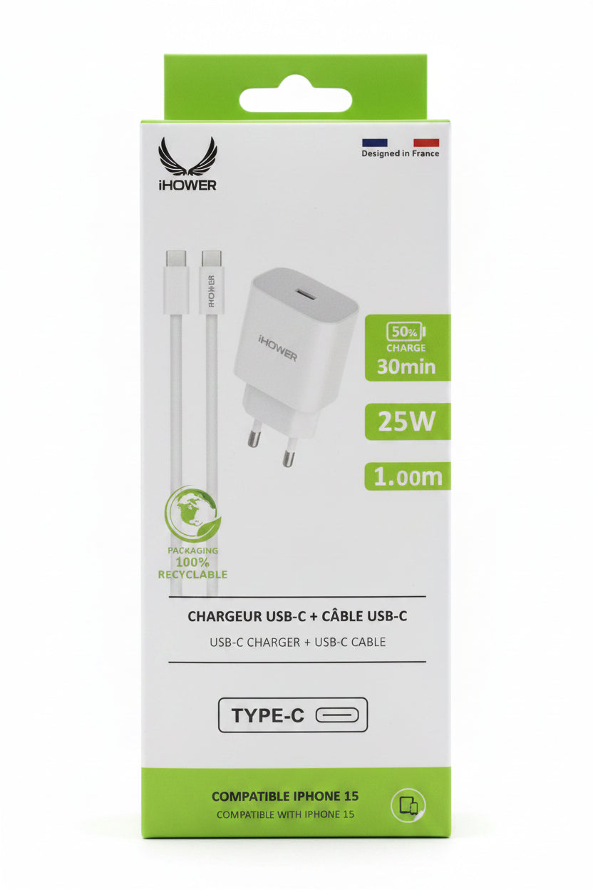 CHARGEUR IHOWER ADAPTATEUR 25W USB-C + CABLE USB-C H827