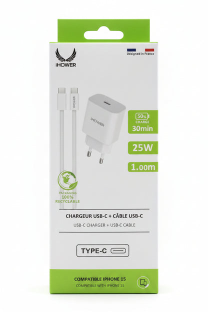 CHARGEUR IHOWER ADAPTATEUR 25W USB-C + CABLE USB-C H827