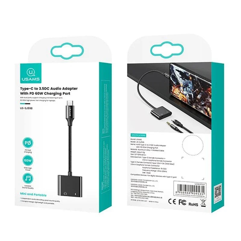 Adaptateur Audio Usams Usb-c to jack 3.5 PD Charge 60w
