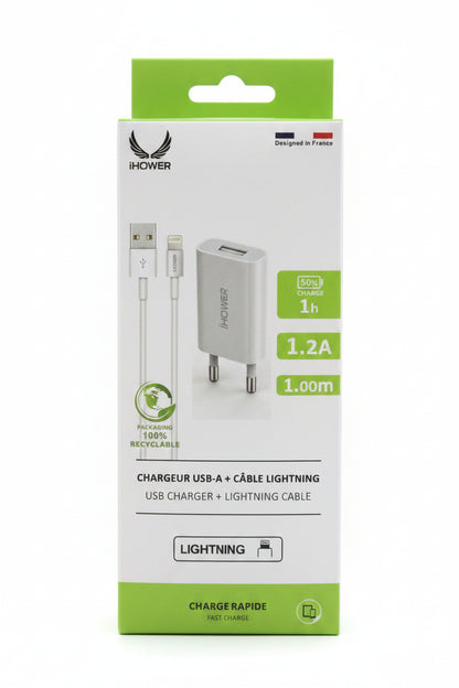 CHARGEUR IHOWER ADAPTATEUR USB  + CABLE LIGHTNING  1.2A H138