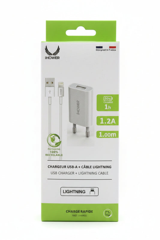 CHARGEUR IHOWER ADAPTATEUR USB  + CABLE LIGHTNING  1.2A H138